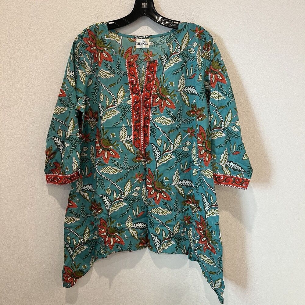 Exclusively for Signals Top Womens 3/4 Sleeve Floral Asymmetric Hem XL Boho